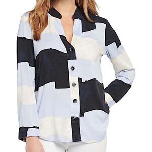 Nic+Zoe Cloud Print Colorblock Shirt M In The Clouds Mandarin Collar Rayon